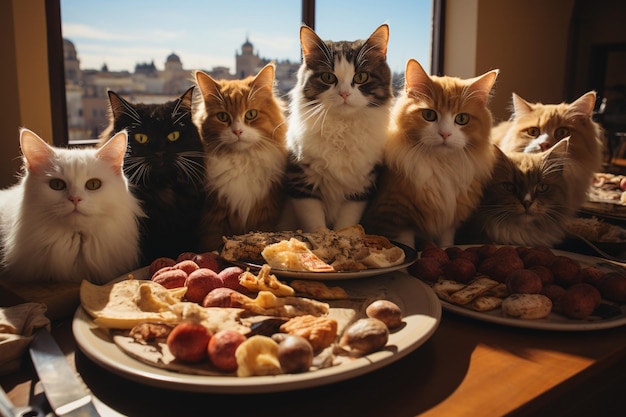 viele hungrige Katzen, die nach Essen fragen