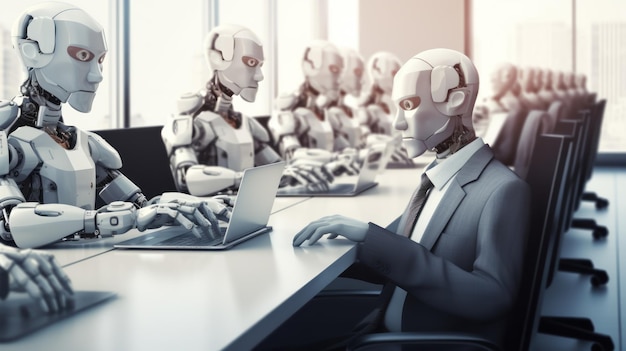 Viele identische KI-Roboter sitzen am Schreibtisch im Büro und arbeiten mit Computern