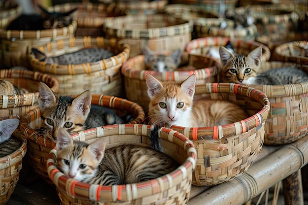 Viele Katzen in Wickerkörben auf dem Handwerksmarkt Neue Wickerkühe in einem handgefertigten Korb