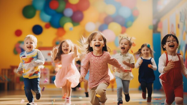 Viele Kinder rennen in einem Raum mit Ballons