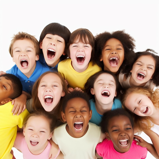 Viele Kinder unterschiedlicher Nationalität stehen im Kreis und lachen und freuen sich fröhlich