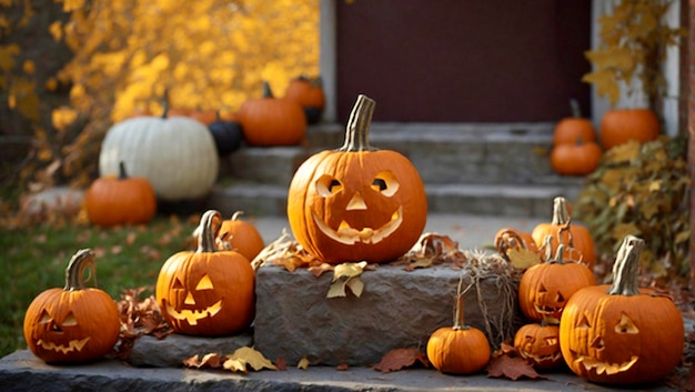 Viele kleine Kürbisse in der Nähe des Hauses Halloween