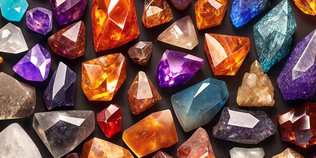 Viele Kristalle und Edelsteine auf dunklem Hintergrund Natürliche Mineralien wie Achat Bernstein Amethyst Quarz und andere Eine Streuung von Edelsteinen Generative KI