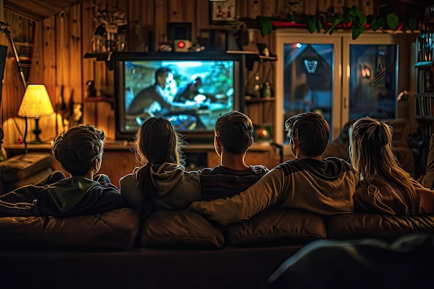 Viele Leute schauen Live-Streaming, schauen Filme, schauen Nachrichten, Emotionen, Freundesgruppe.