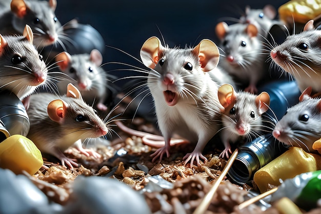 Viele Mäuse und Ratten suchen in Müllbergen nach Nahrung