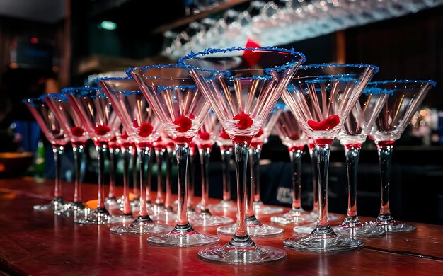 Viele Martini-Gläser stehen auf der Bar, roter Sirup, blauer Rand auf den Gläsern.