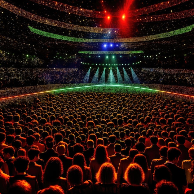 Foto viele menschen bei einem musikkonzert stehen von lichtstrahlen von der bühne beleuchtet