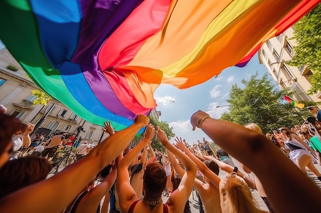 Foto viele menschen neben einer regenbogenfahne feiern bei tageslicht eine gay-pride-demonstration auf der straße. homosexueller stolz protestiert gegen massenfeier und diversitätskonzept. mit ki generiertes bild