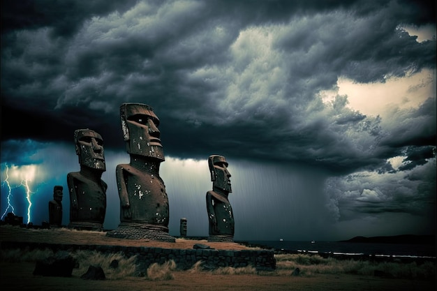 Viele Moai-Statuen auf der Osterinsel in einem dramatischen Gewitter, erstellt mit generativer KI