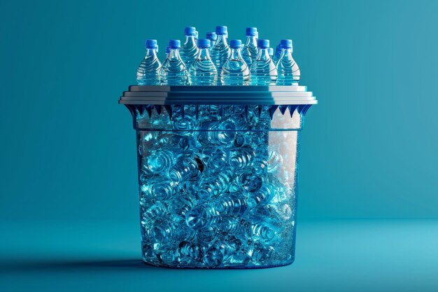 Viele Plastikflaschen in einem Eimer auf blauem Hintergrund