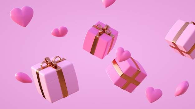 Viele rosa Geschenke schweben in der Luft mit Herzen 3D-Rendering