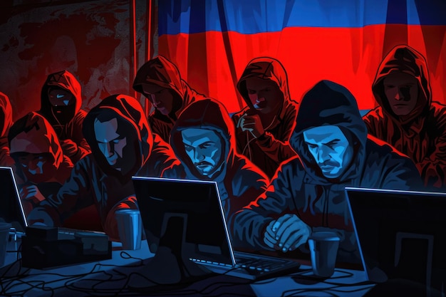 Viele russische Hacker in der Trollfarm Cyberkriminalität und Sicherheitskonzept Russische Flagge im Hintergrund