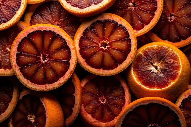 Viele Scheiben saftiger Blut-Orange-Früchte als Hintergrund erzeugen ai