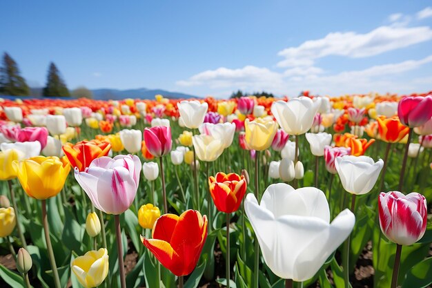 Viele schöne Tulpen auf dem Feld, natürlicher Hintergrund