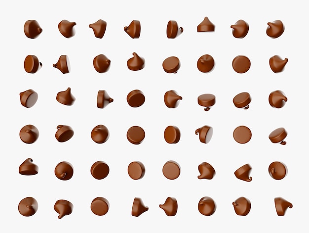 Viele Schokoladenstückchen auf weißem Hintergrund 3D-Darstellung