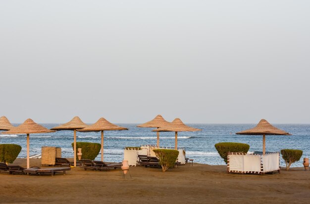 Viele Sonnenschirme mit Schilfrohr und Sonnenliegen am Sandstrand am Meer