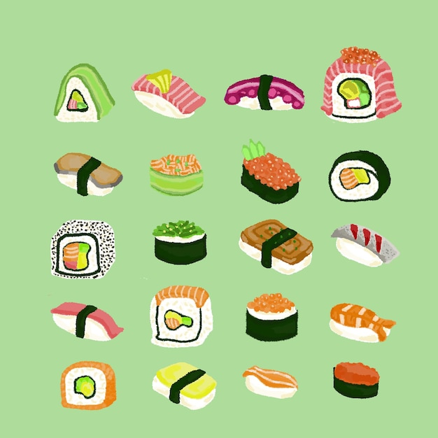 Viele Sushi-Arten mit der Hand auf einem grünen Hintergrund gezeichnet