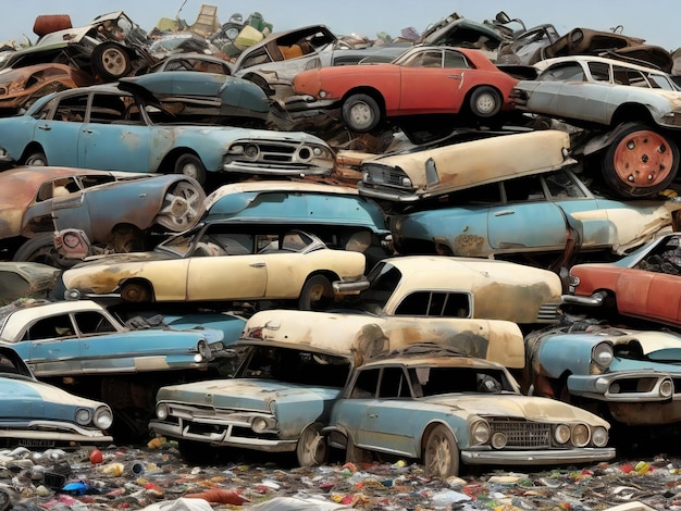 Viele übereinander liegende alte Autos haben eine Müllkippe erzeugt, die von der Auto-Recycling-KI erzeugt wurde