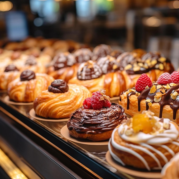 Viele verschiedene Arten von Gebäck werden in einer Bäckerei ausgestellt