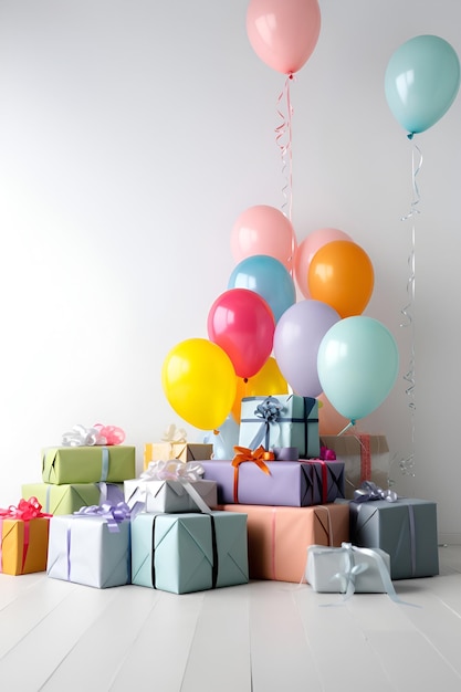 Viele verschiedene farbige Geschenke für Geburtstage auf hellem, von der KI generierten Hintergrund