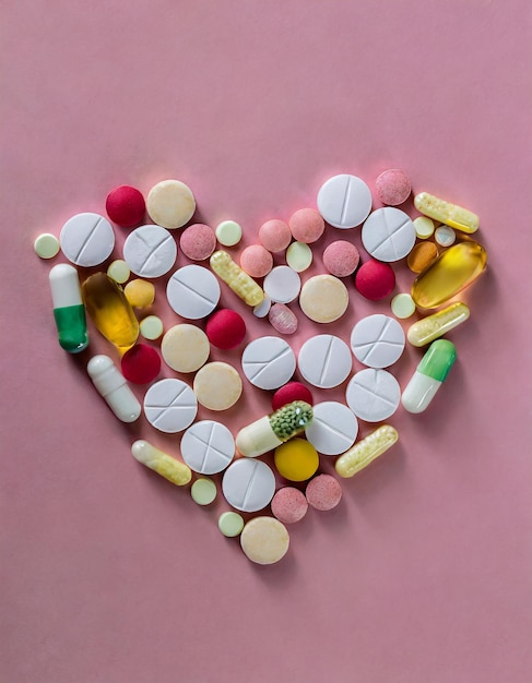 Viele verschiedene Pillen und Tabletten in Form eines Herzens auf rosa Hintergrund viele Pillen