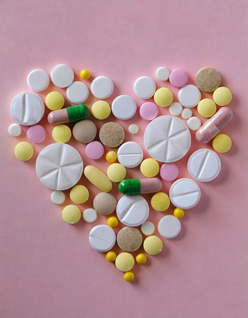 Viele verschiedene Pillen und Tabletten in Form eines Herzens auf rosa Hintergrund viele Pillen