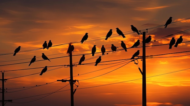 Viele Vögel auf Stromleitung-Silhouette-Konzept