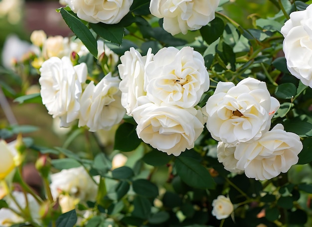 Viele weiße Rosen auf dem Zweig im Garten Blüten Rosen im Garten blumiger Hintergrund