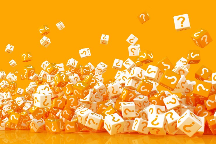 Viele zerbröckelnde Würfel mit Fragezeichen an den Seiten 3D-Rendering