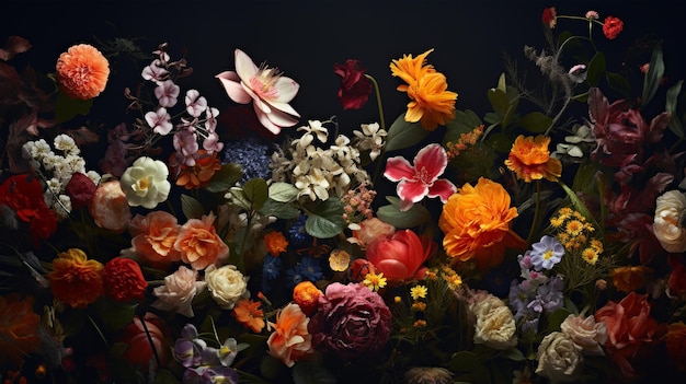 Viele zufällige Blumen auf dunklem Hintergrund