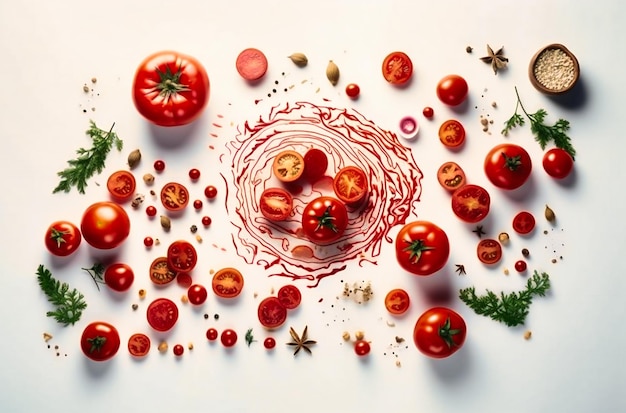 Viele Zutaten mit einer in Scheiben geschnittenen Tomate auf einem weißen Tisch