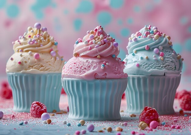 Vielfältige bunte Cupcakes mit Sprinkles auf pastellfarbenem Hintergrund