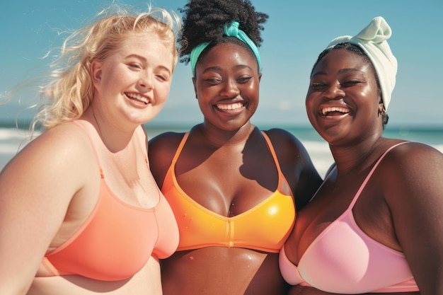 Vielfältige dickköpfige frauen schwimmanzüge lachen strand multiracial plus size mädchen freunde lächeln sommer