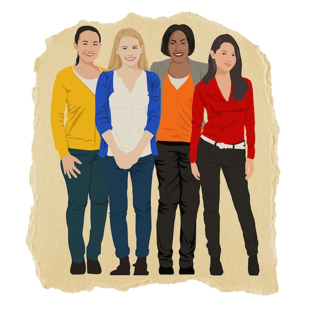 Vielfältige Frauen png-Aufkleber stehende Menschen in zerrissenem Papier transparenter Hintergrund