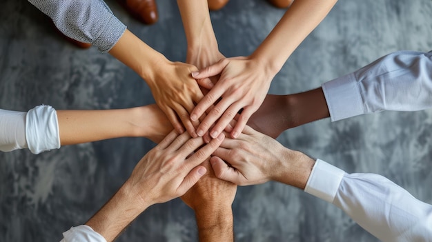 Vielfältige Geschäftsleute mit überlappenden Händen in Einheit Teamarbeit erfolgreicher Kopierraum Hintergrund