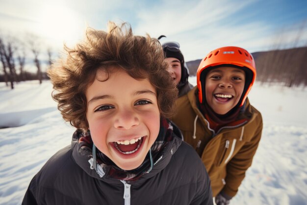 Vielfältige Gruppe fröhlicher Kinder, die zusammen auf einer Eislaufbahn spielen