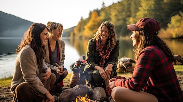 Vielfältige Gruppe junger Freundinnen unterhält sich beim Lagerfeuer und knüpft Kontakte