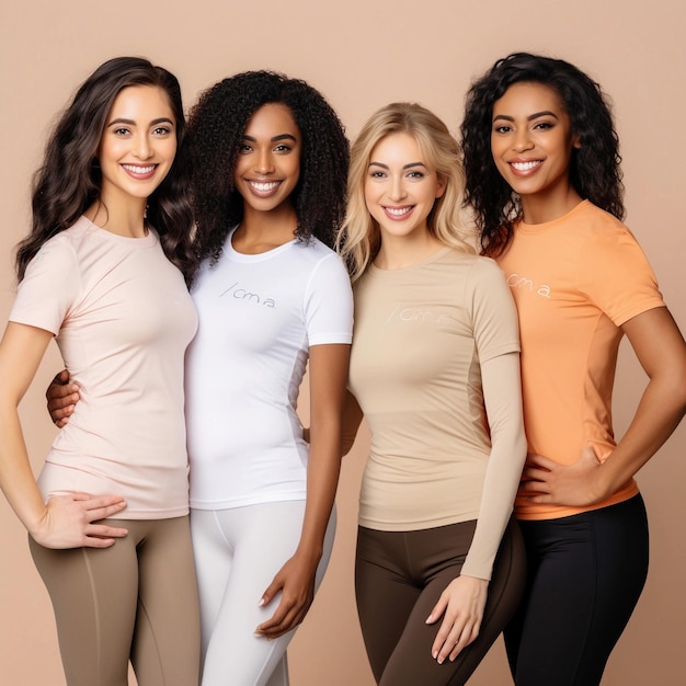 Vielfältige Gruppe von vier lächelnden Frauen in lässiger Kleidung auf beige Hintergrund