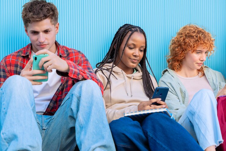 Foto vielfältige junge menschen sitzen im freien und benutzen smartphones