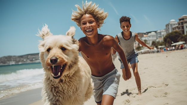 Vielfältige Kinder laufen am Strand, sonnig und erfreulich.