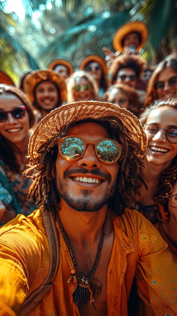 Vielfältige und multiethnische Gruppe glücklicher junger Menschen im Sommerurlaub