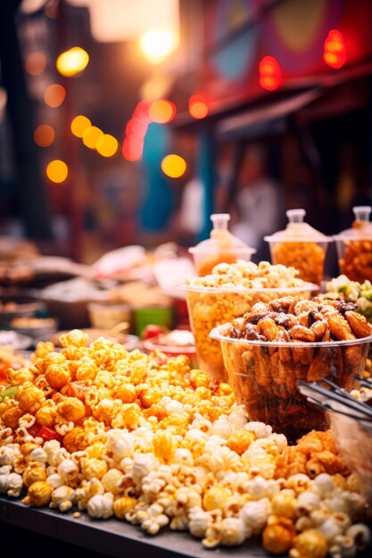 Vielfältige und verlockende Karneval-Lebensmittelstände Popcorn