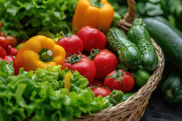 Foto vielfältiges, farbenfrohes, frisches gemüse in einem rustikalen korb