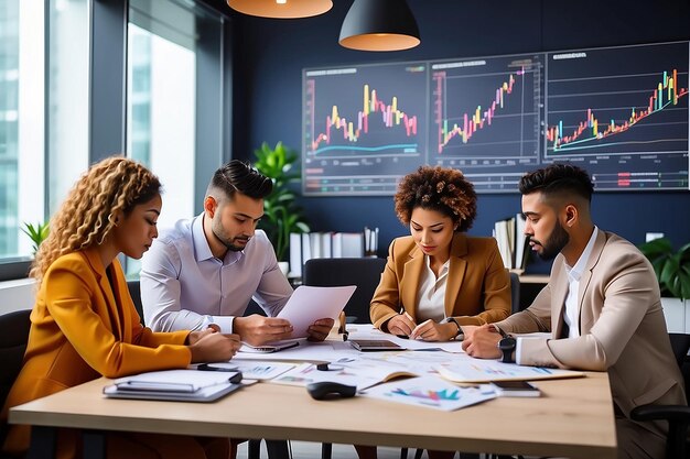 Vielfältiges multiethnisches Geschäftsteamarbeit Überarbeitung im Büro-Treffenraum bei der Analyse von Finanzdiagrammen