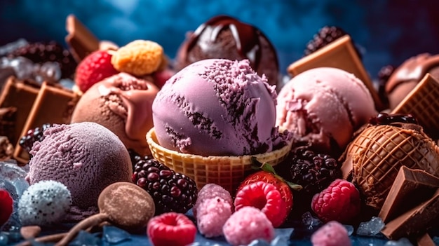 Vielfalt an Eiscreme und gefrorenen Süßigkeiten aus Beeren und Früchten Generative KI