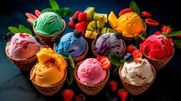 Vielfalt an Eiscreme und gefrorenen Süßigkeiten aus Beeren und Früchten Generative KI