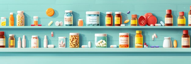 Vielfalt an farbenfrohen Arzneiflaschen auf blauen Regalen Gesundheits- und Apothekenthema