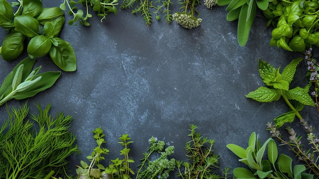 Foto vielfalt an frischen kräutern auf dunklem hintergrund top-view mit kopierplatz