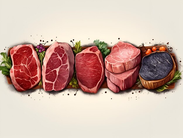 Vielfalt an rohem Rindfleischsteaks zum Grillen mit Gewürzen Illustration eines Satzes von rohem Steakfleisch-Sortiment auf weißem Hintergrund Rohfleischsortiment Generative KI