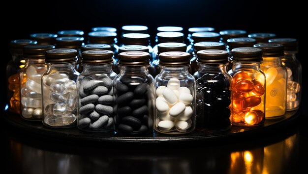Vielfalt der Pillen in Glasflaschen